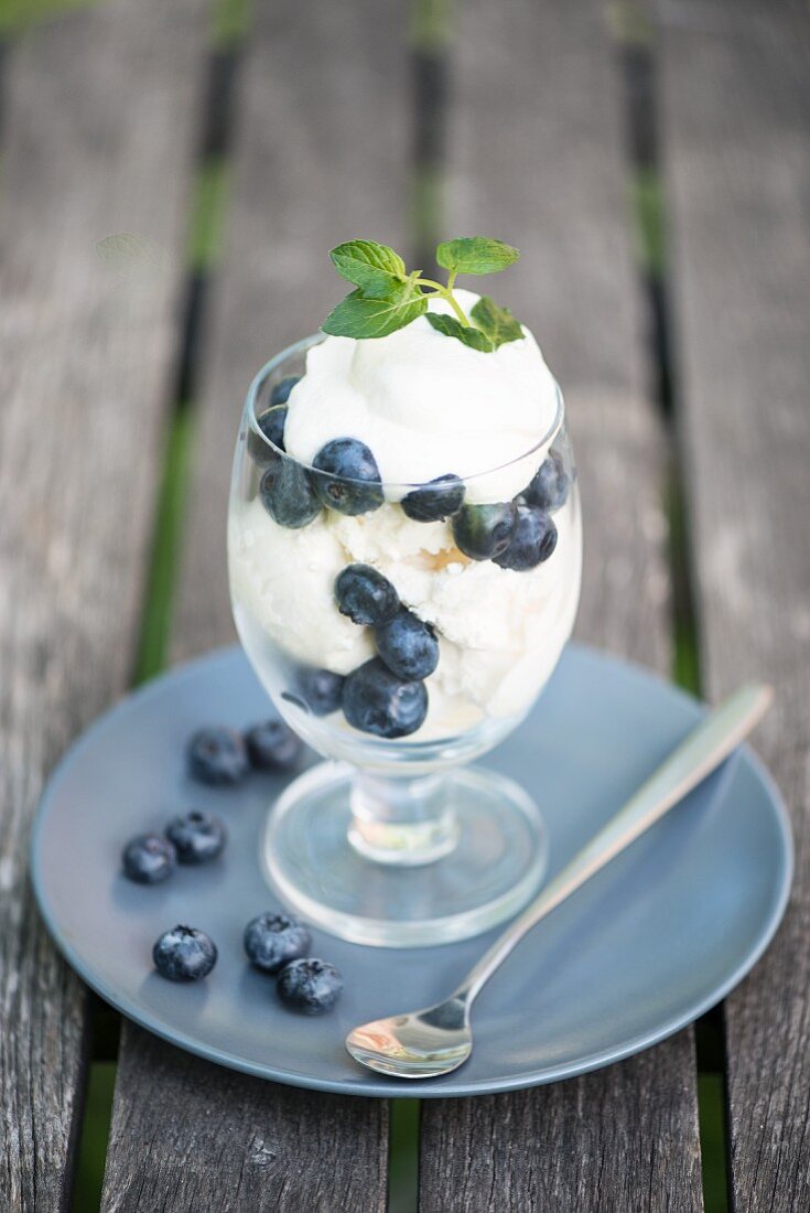 An ice cream with blueberries and mint leaves