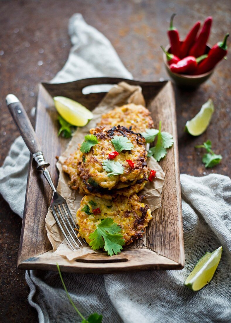 Pancakes with rice, courgette, chilli and coriander leaves