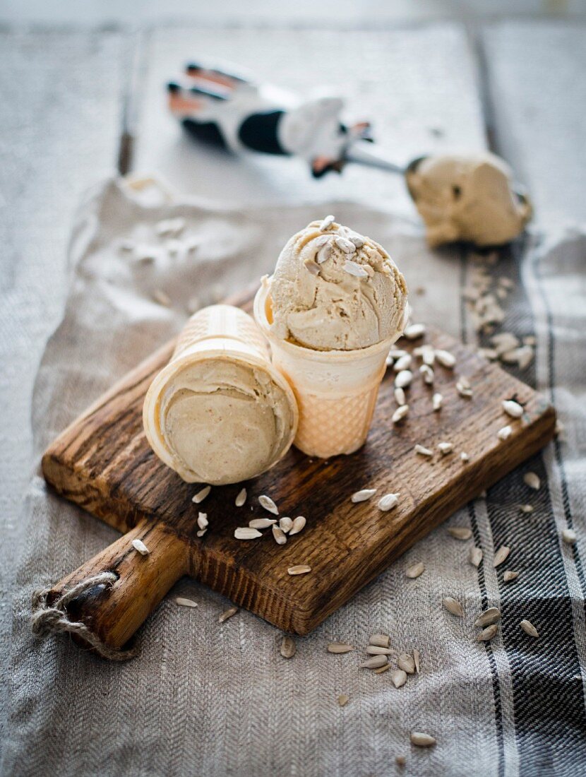 Sunflower seed ice cream in a cone