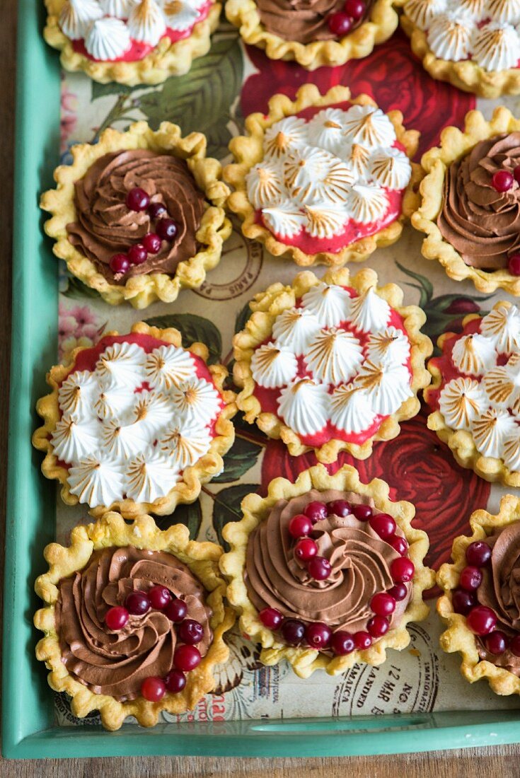 Mini tarts with chocolate cream, cranberries and toasted meringue