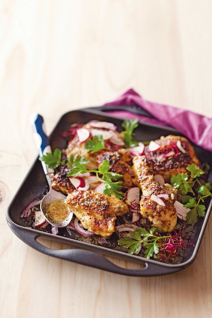 Chicken baked in honey & mustard sauce with radish and onion