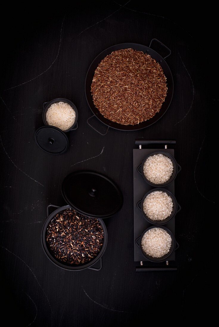 Various types of rice in containers (seen from above)