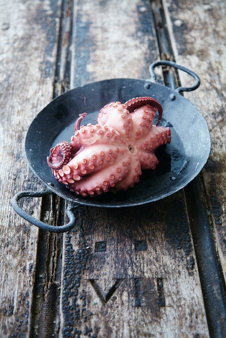 Boiled octopus in a cast iron pan