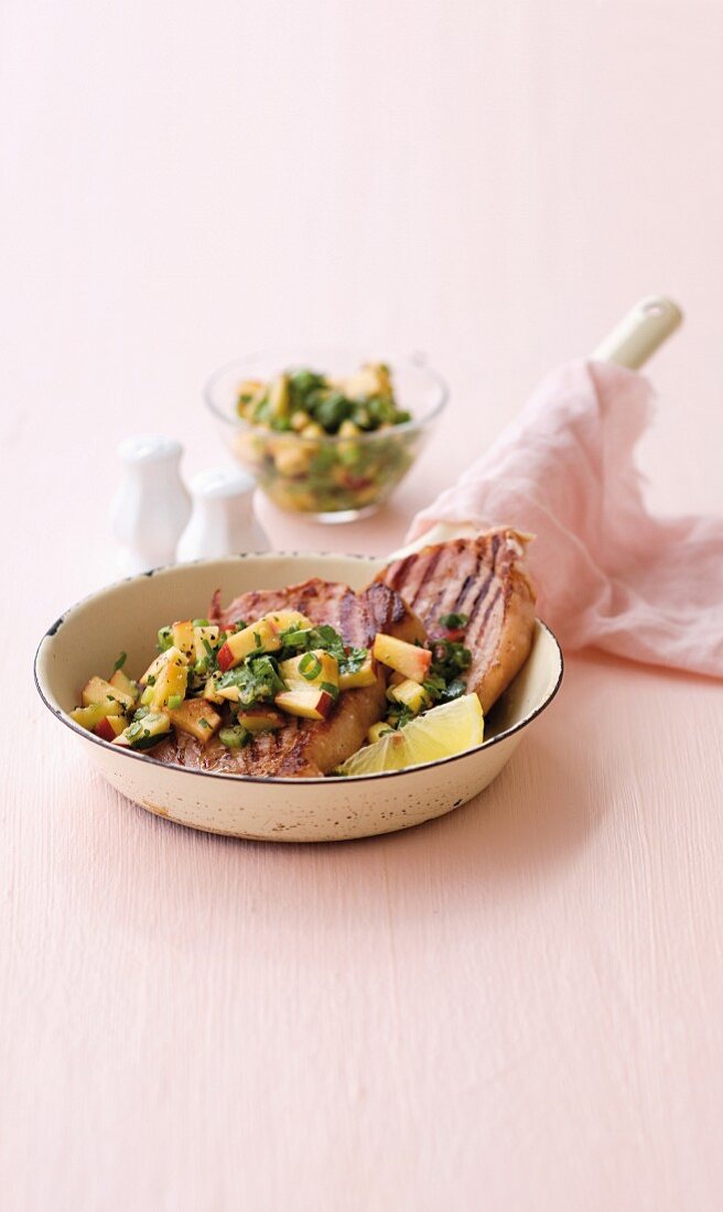 Chilli & nectarine salsa with grilled gammon