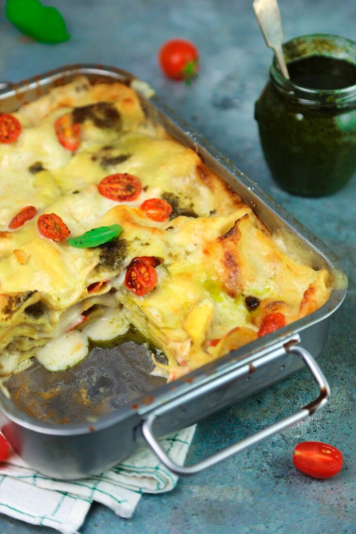Lasagne with pesto and cherry tomatoes