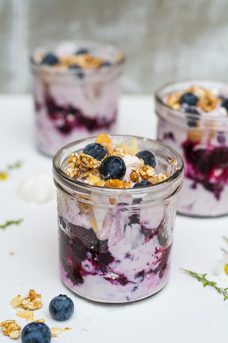 Blueberry dessert in a glass jar