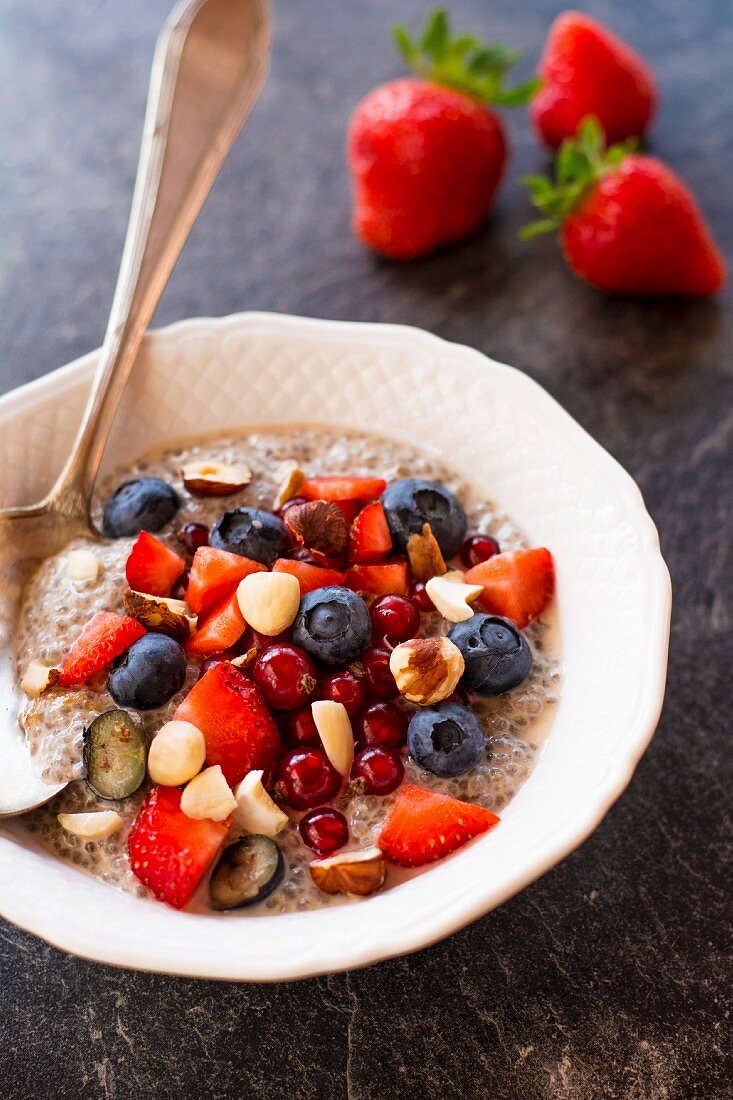 Chia pudding with berries and hazelnuts