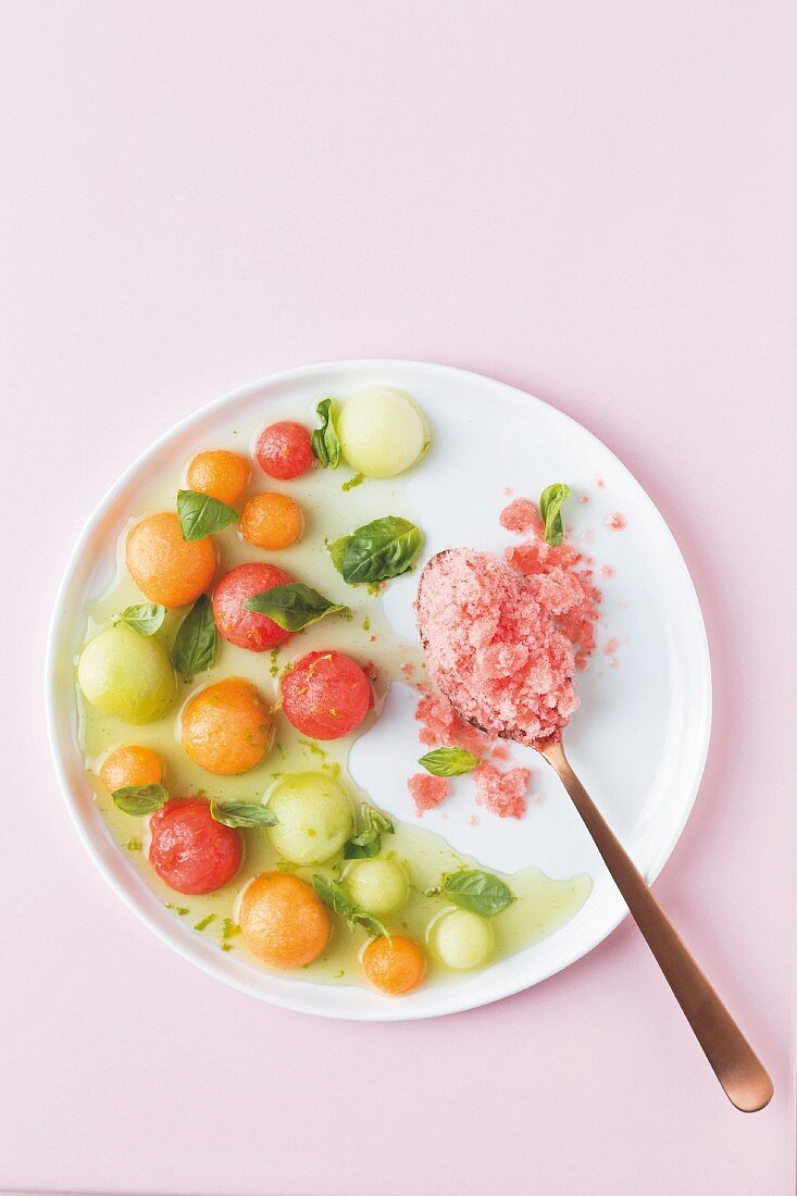 Watermelon balls with watermelon granita