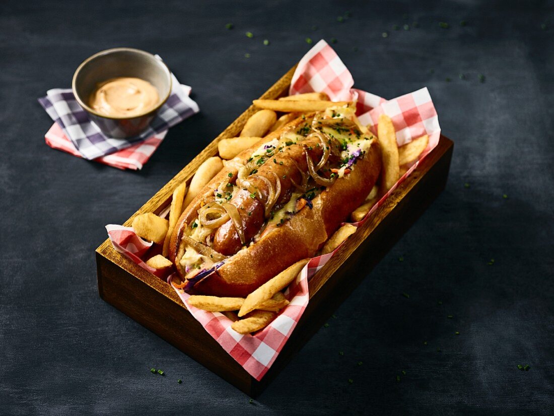 A hot dog with a Carniolan sausage (filled with chunks of cheese) and chips