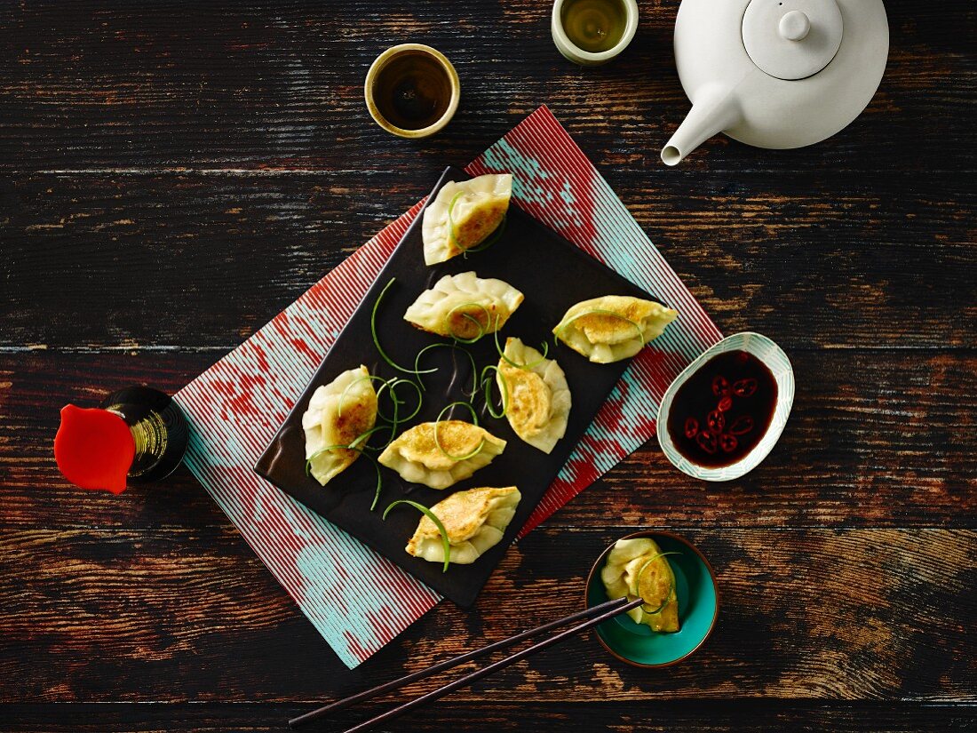 Chinese pork dumplings with a soy sauce dip