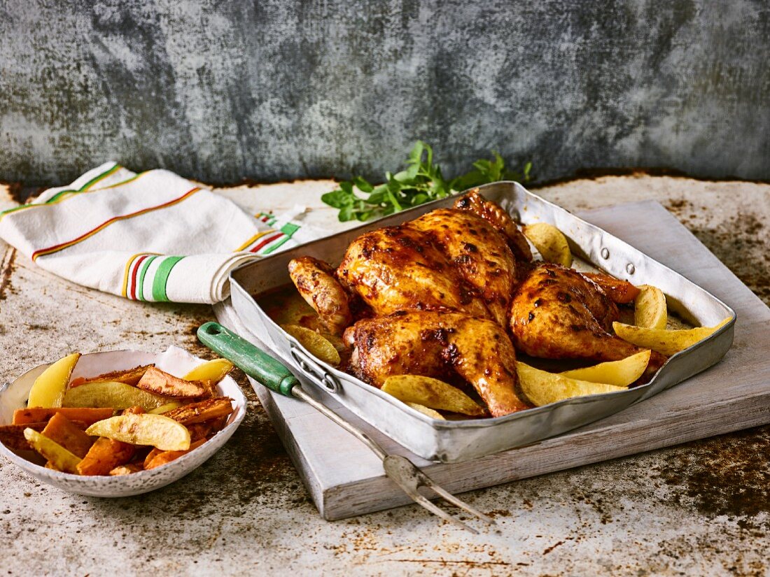 Butterfly chicken with potato wedges