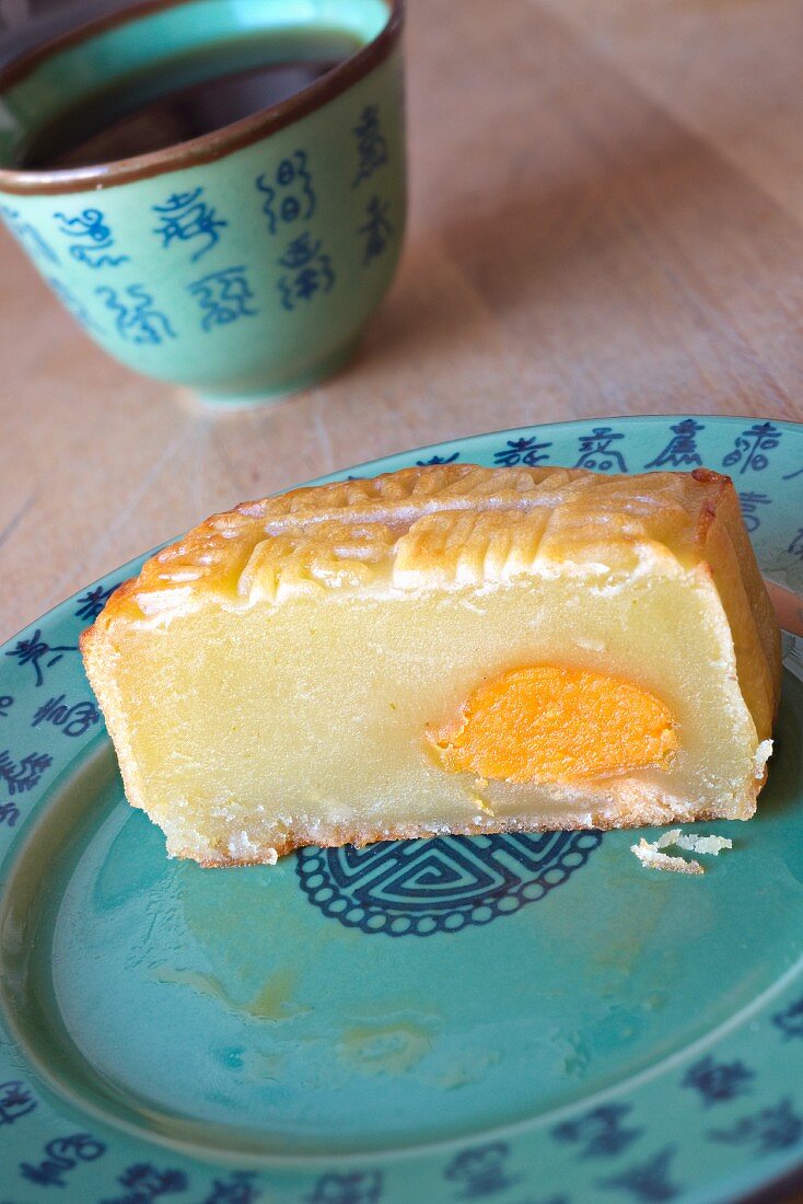 A sliced Chinese mooncake