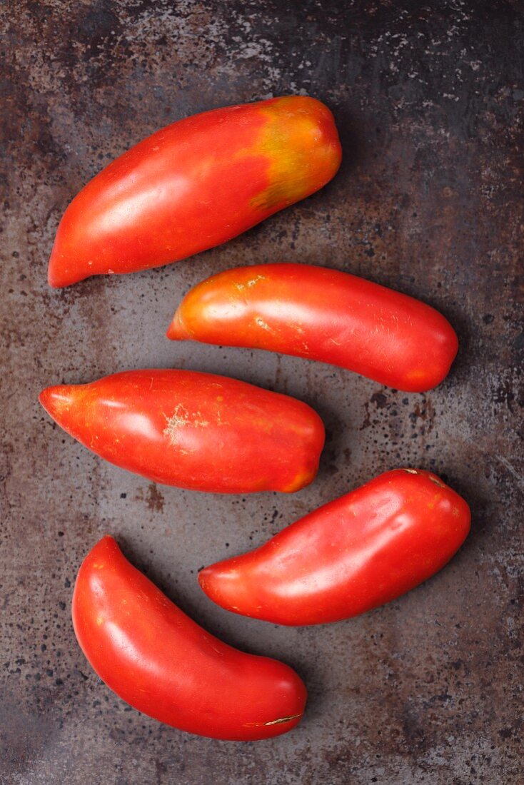 Fünf Bio-Tomaten der Sorte Bull Horns