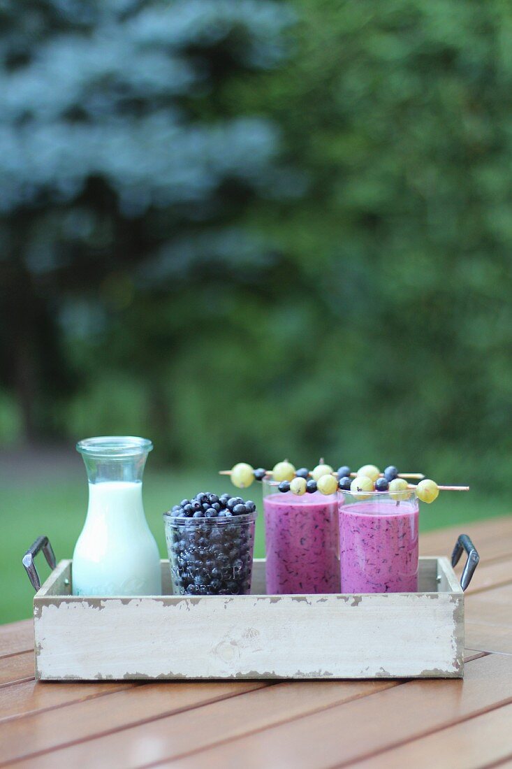 Blueberry smoothies on a garden table