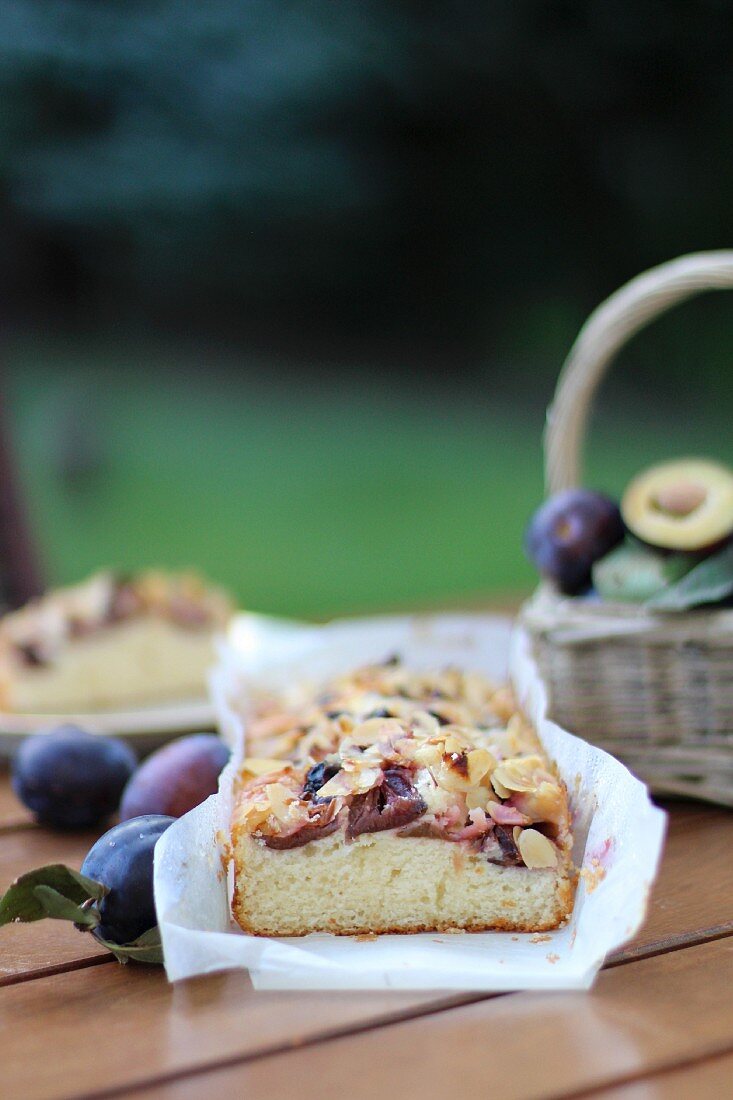 Pflaumenkuchen, angeschnitten, auf Gartentisch