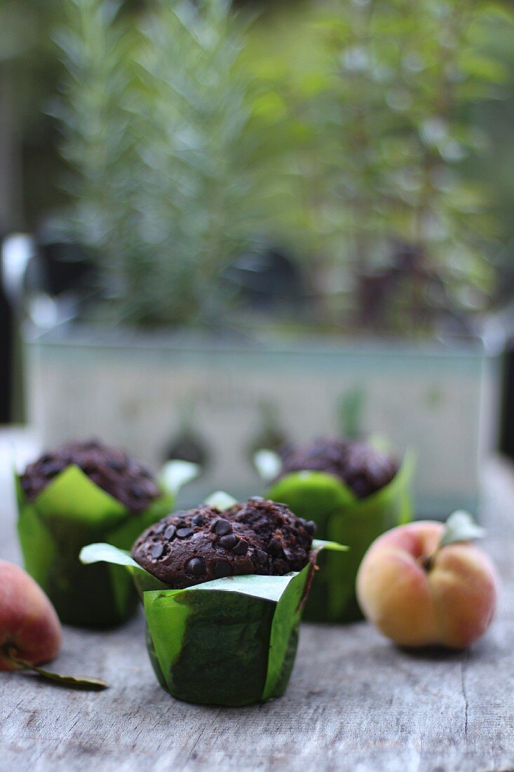 Chocolate muffins and fresh fruits