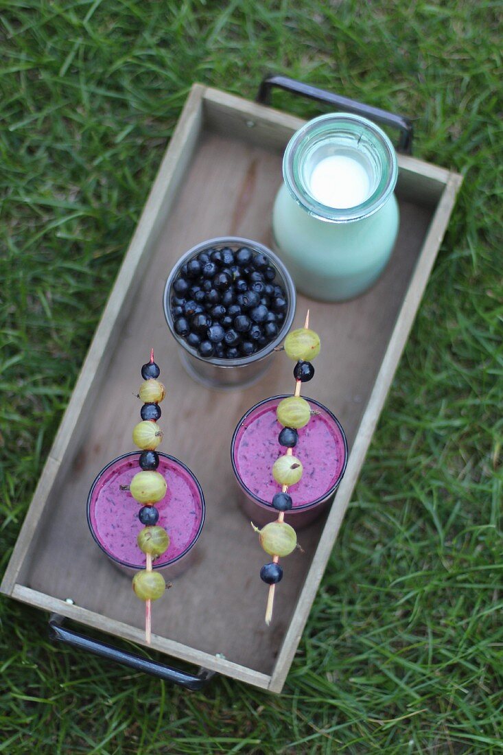 Blueberry smoothies on a wooden tray in the garden