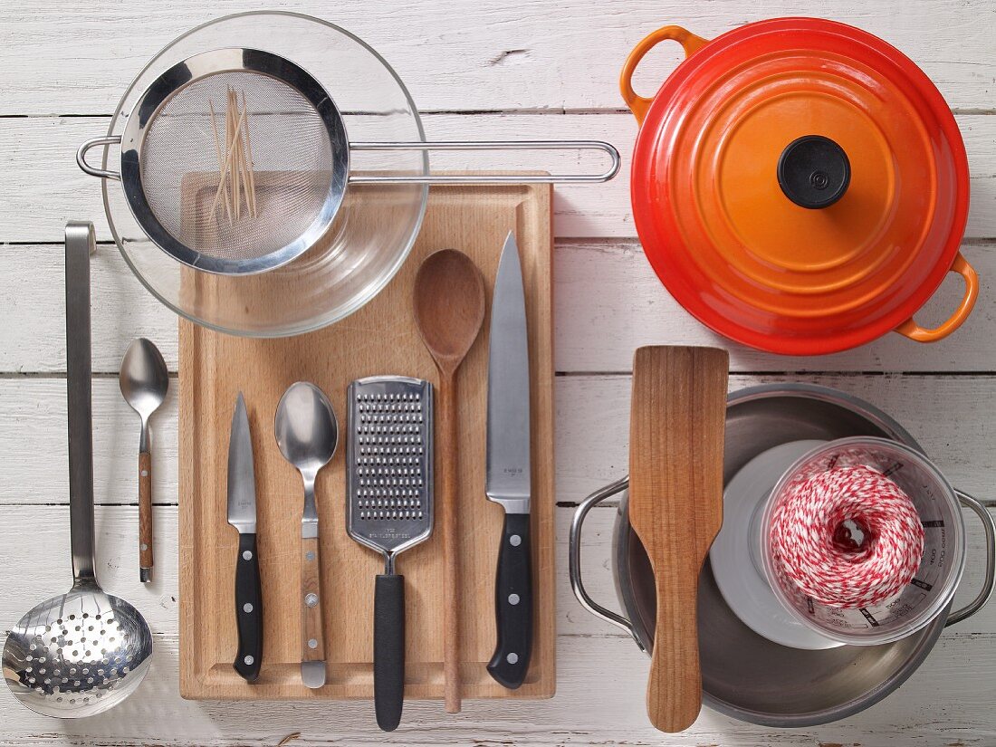 Assorted kitchen utensils for preparing roulades