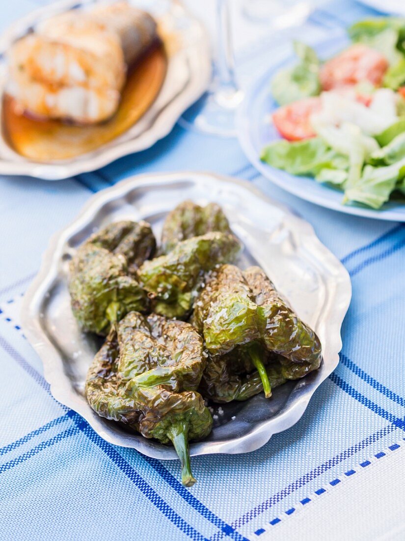 Traditional fried green peppers served in a restaurant in Galicia, Spain