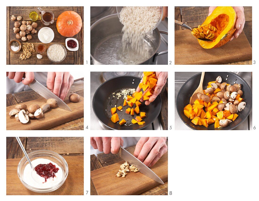 How to prepare rice with pumpkin and mushrooms