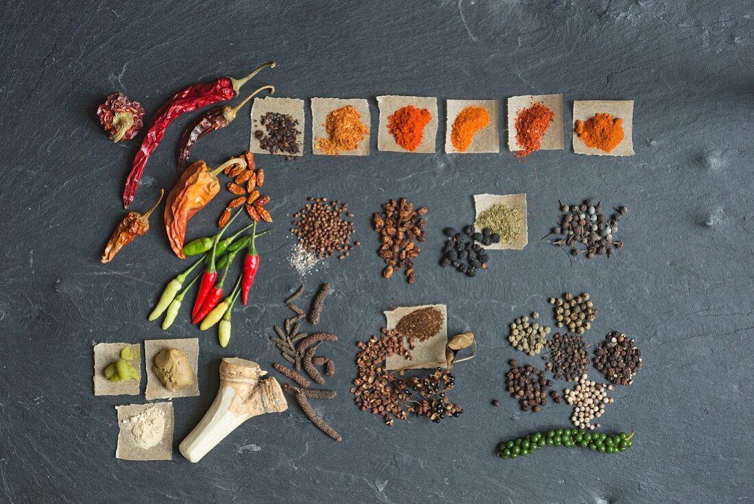 An arrangement of pepper, chilli and other hot spices