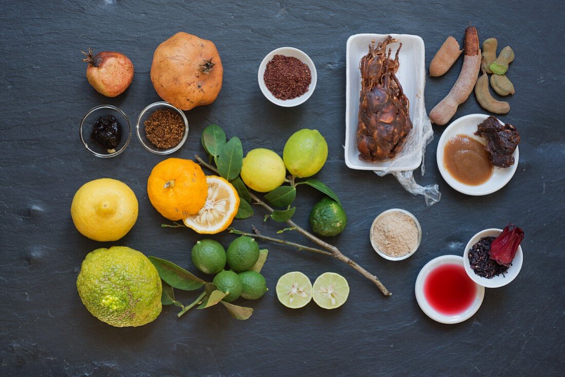 An arrangement of different sour spices and ingredients