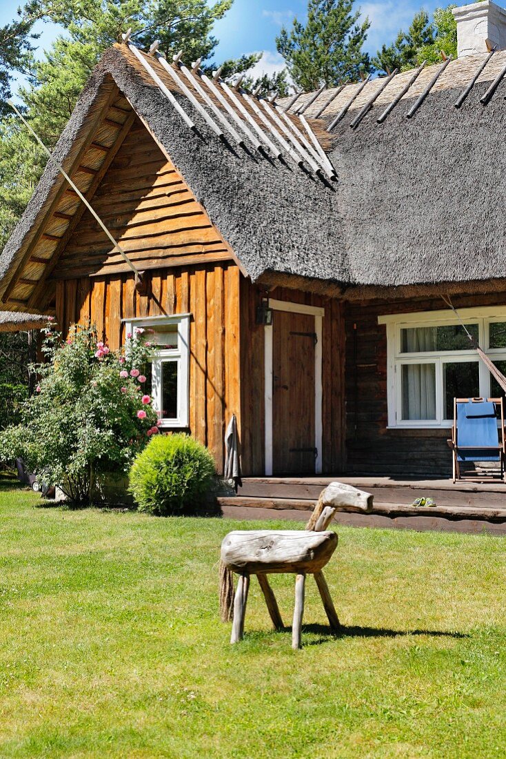 Wooden horse on lawn in front of wooden house with thatched roof