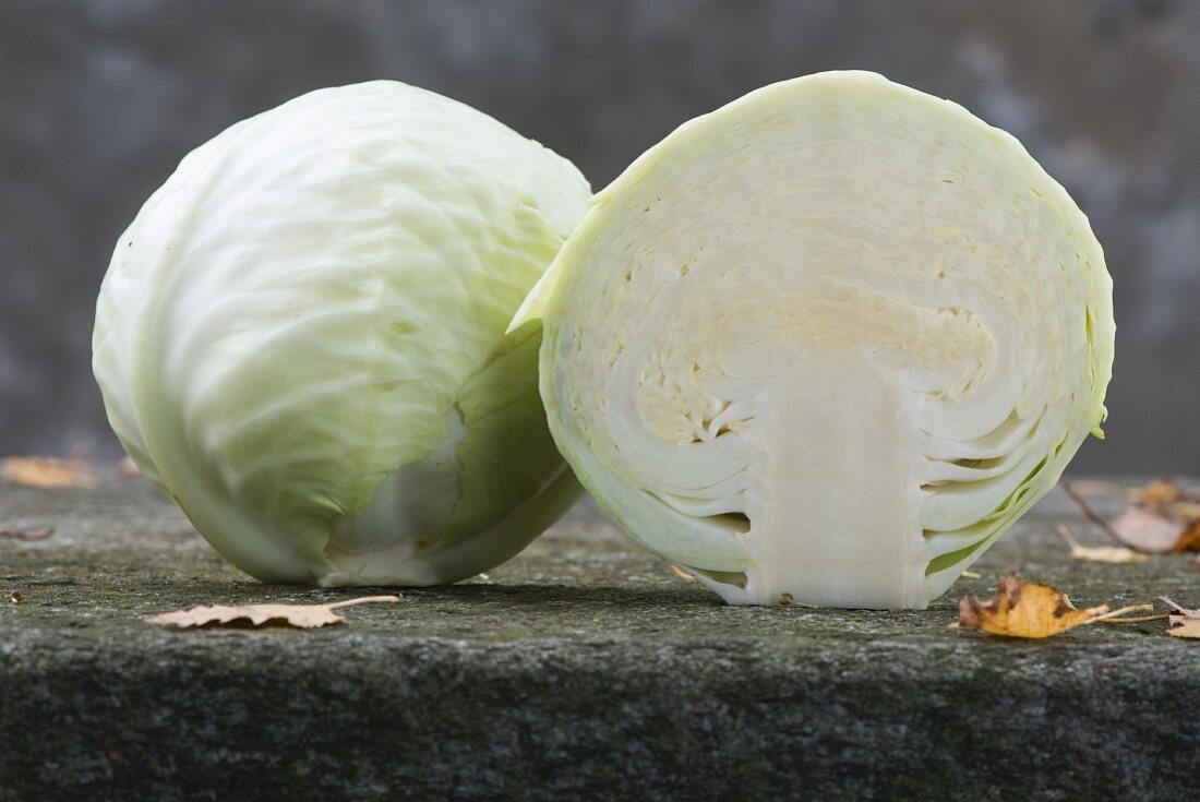 A cabbage cut in half