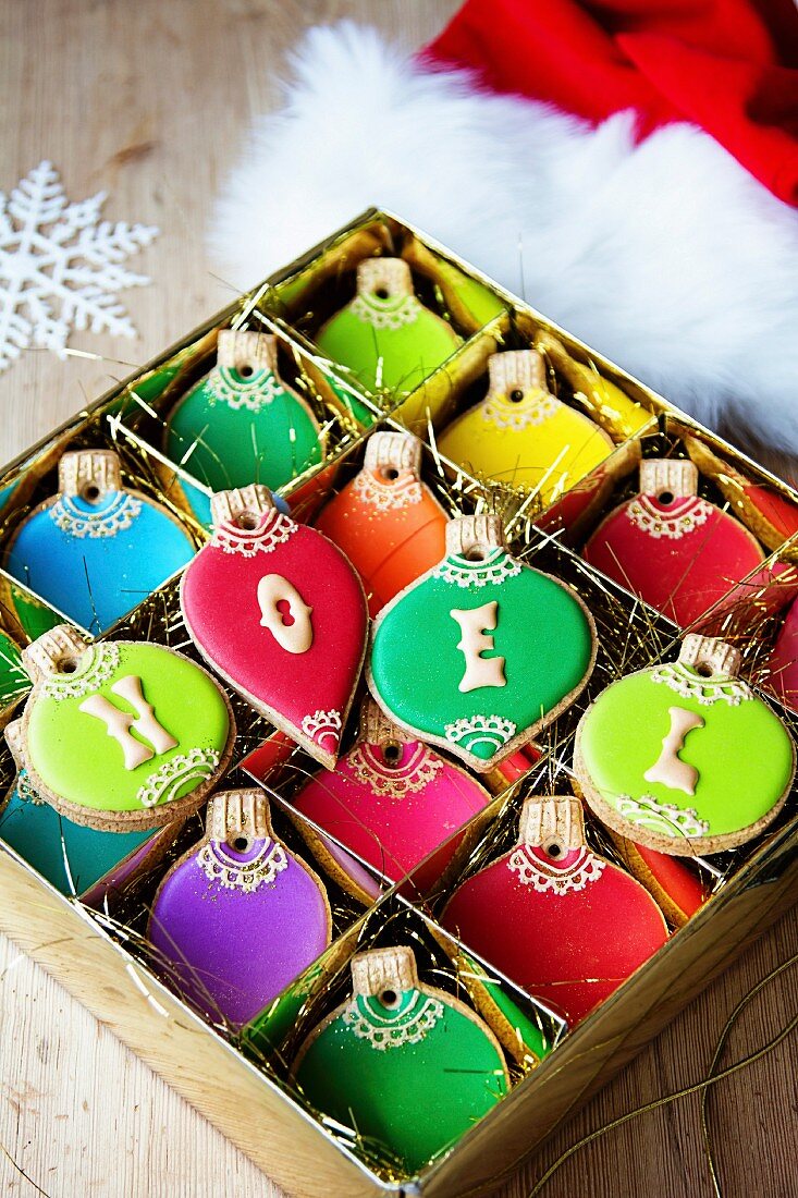 Gift box of Christmas ornament cookies
