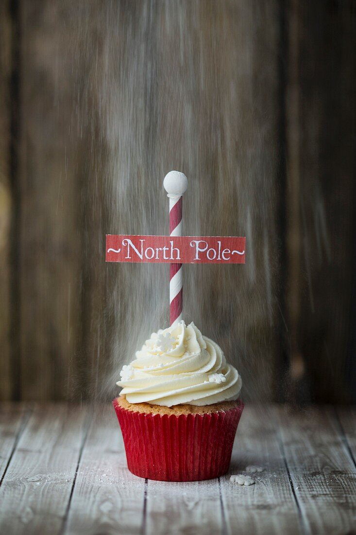 Christmas North Pole cupcake with a dusting of powdered sugar