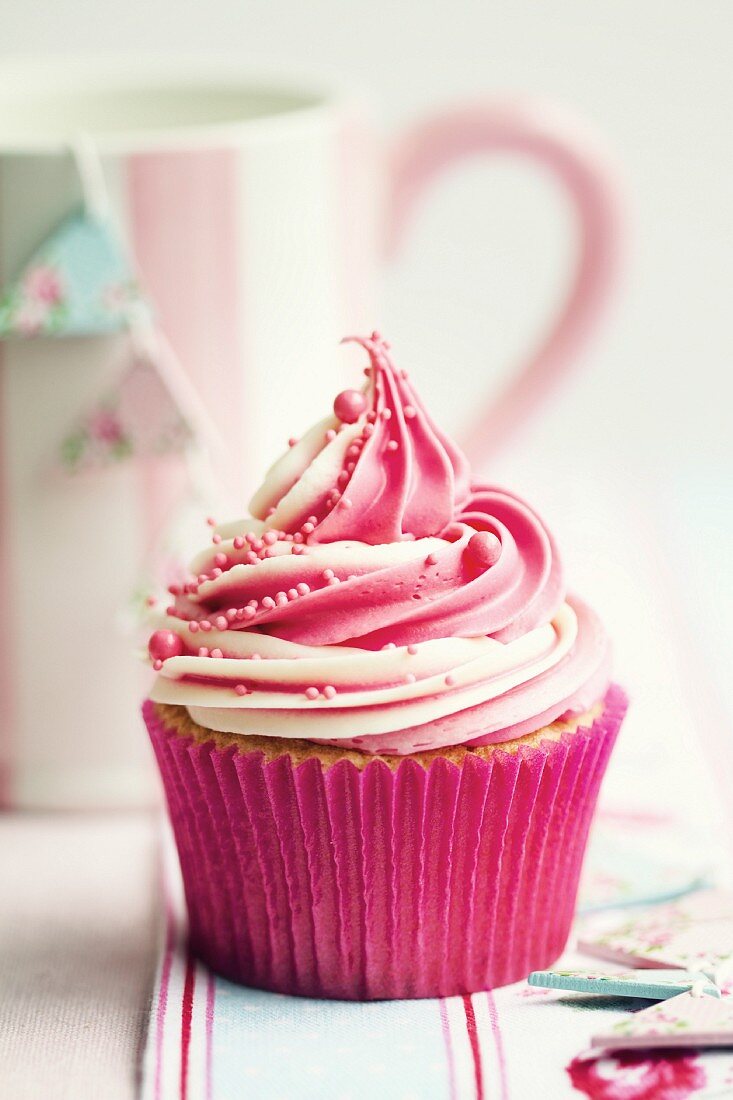 Cupcake decorated with a swirl of strawberry and vanilla frosting