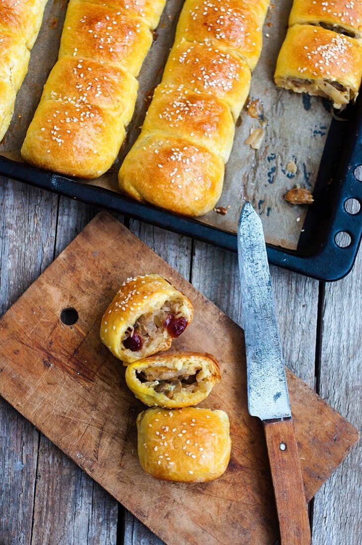 Bread stuffed with cabbage, mushrooms and dried cranberries