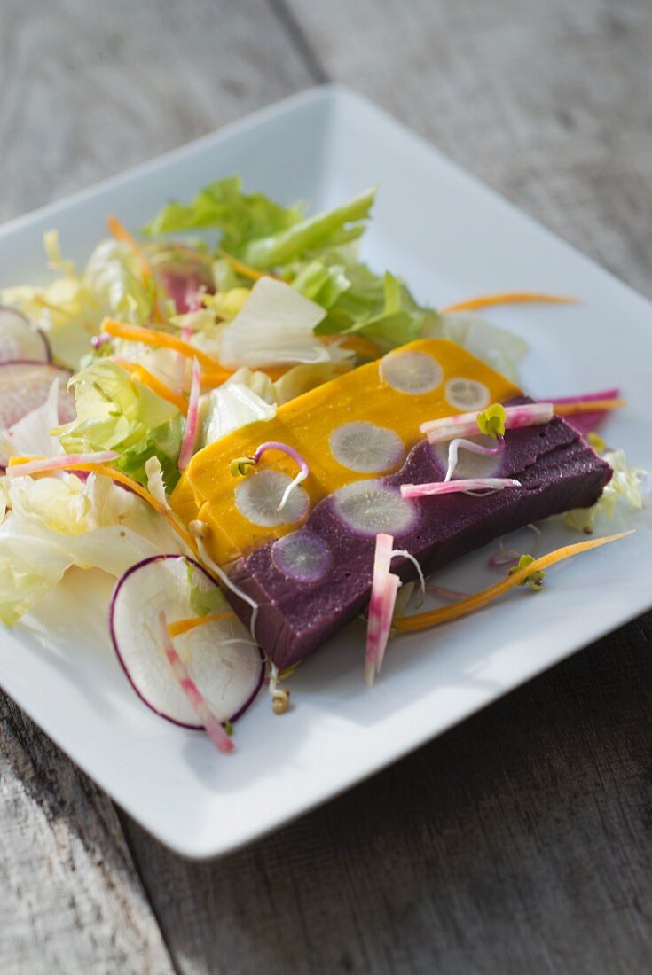 Terrine mit Schwarzwurzel, violette Karotten und Kürbis