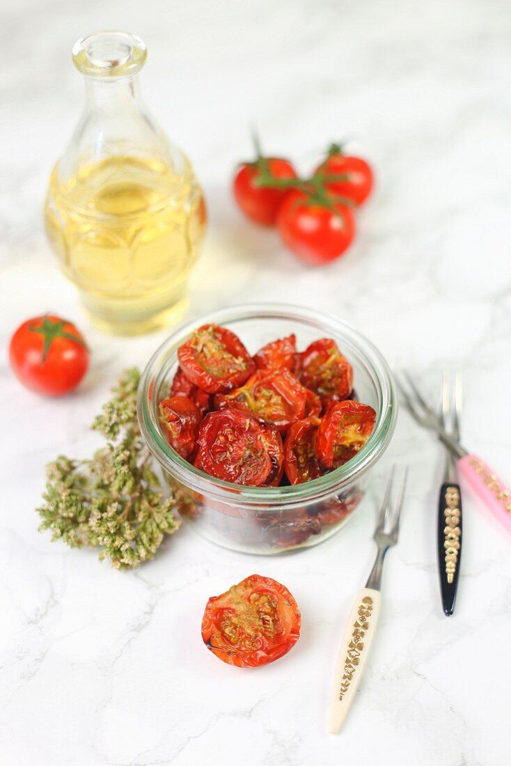 Confit tomatoes in a glass jar