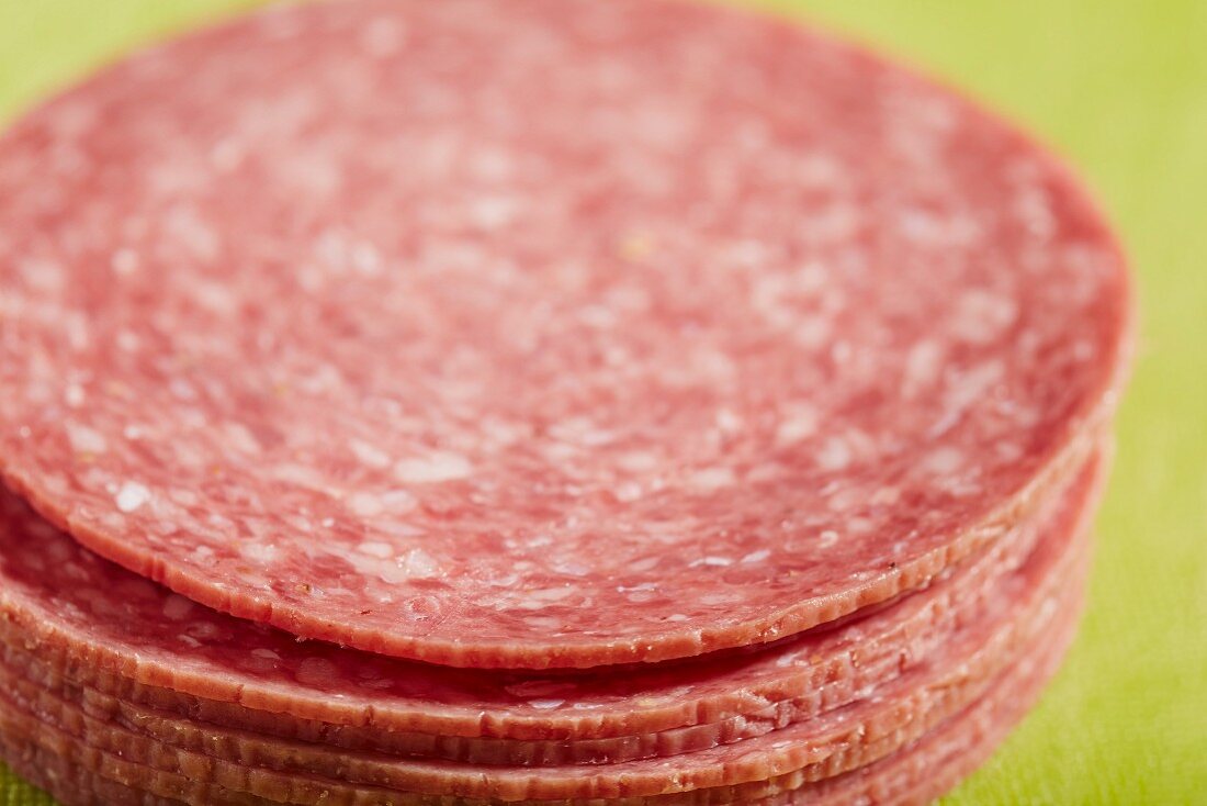 A pile of slices of American beef salami