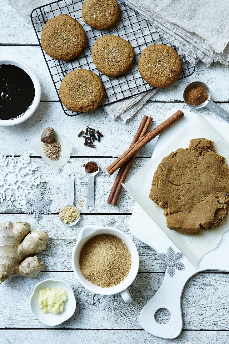Gingerbread biscuits with ingredients for Christmas