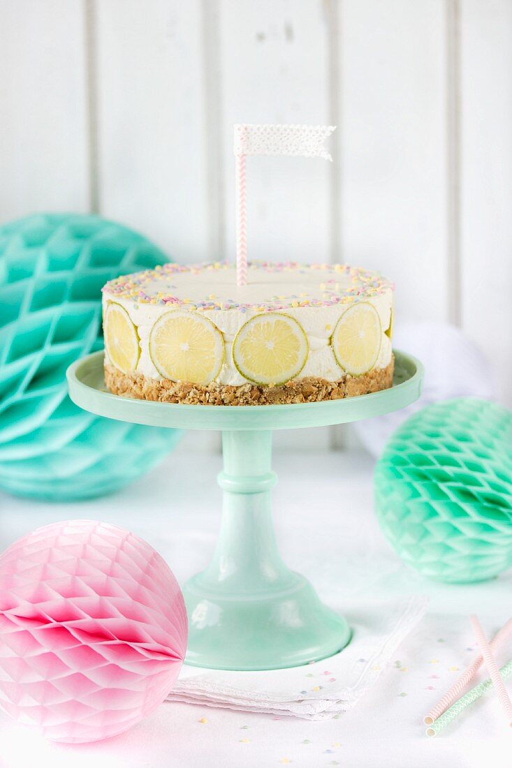 A lemon cheesecake birthday cake