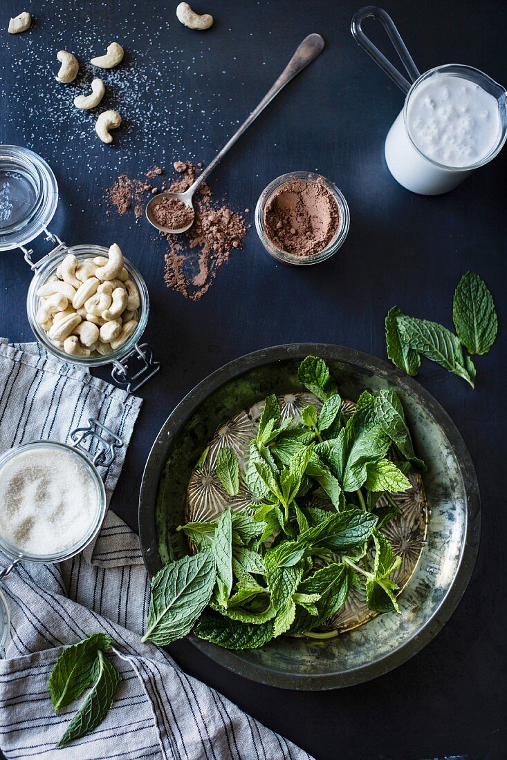Mint and other ingredients ready for use in a recipe