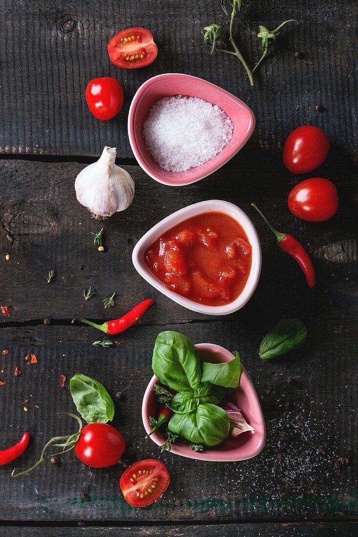 Zutaten für Tomaten-Ketchup: Gehackte Tomaten, Salz, Kräuter, Knoblauch und Chilischoten