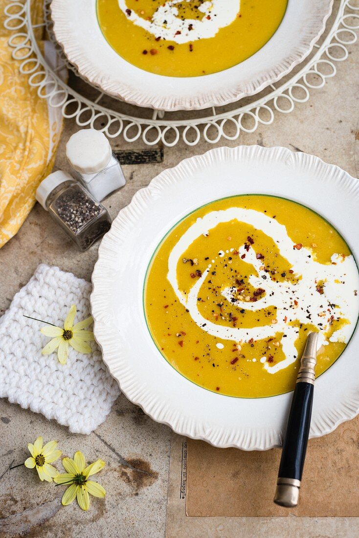 Red lentil soup with sour cream (seen from above)