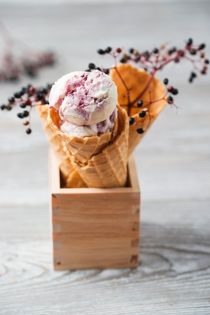 Vanilleeis mit Holunderbeersauce in Waffelhörnchen