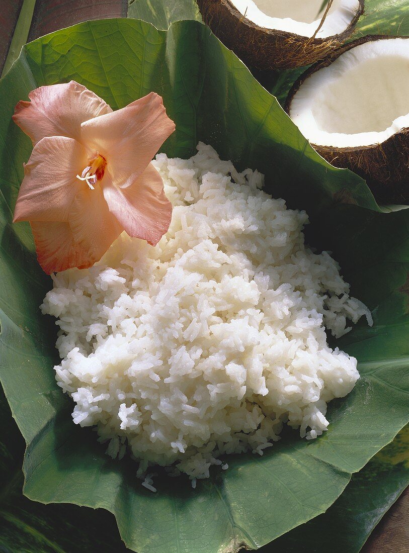 Kokosreis (in Kokosmilch gekochter Reis) auf grünem Blatt