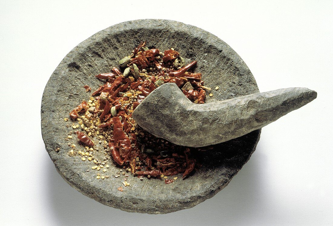 Crushed Chili Peppers in a Mortar with Pestle