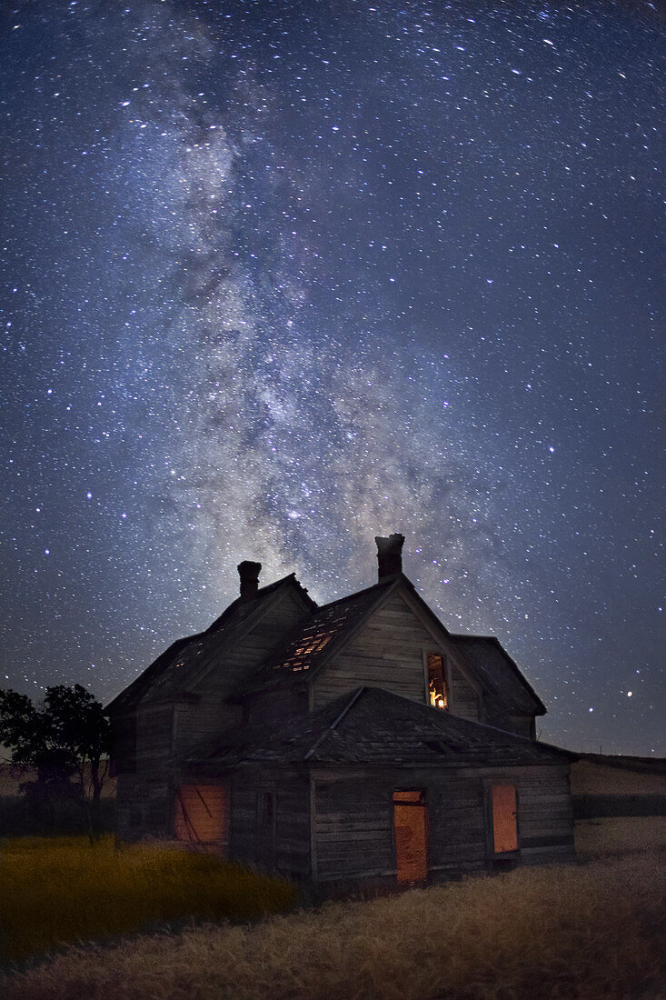 Farmhouse and Milky Way,Woman in Window