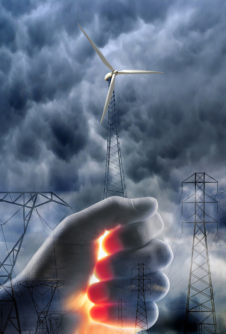 Hand grasping Wind Turbine