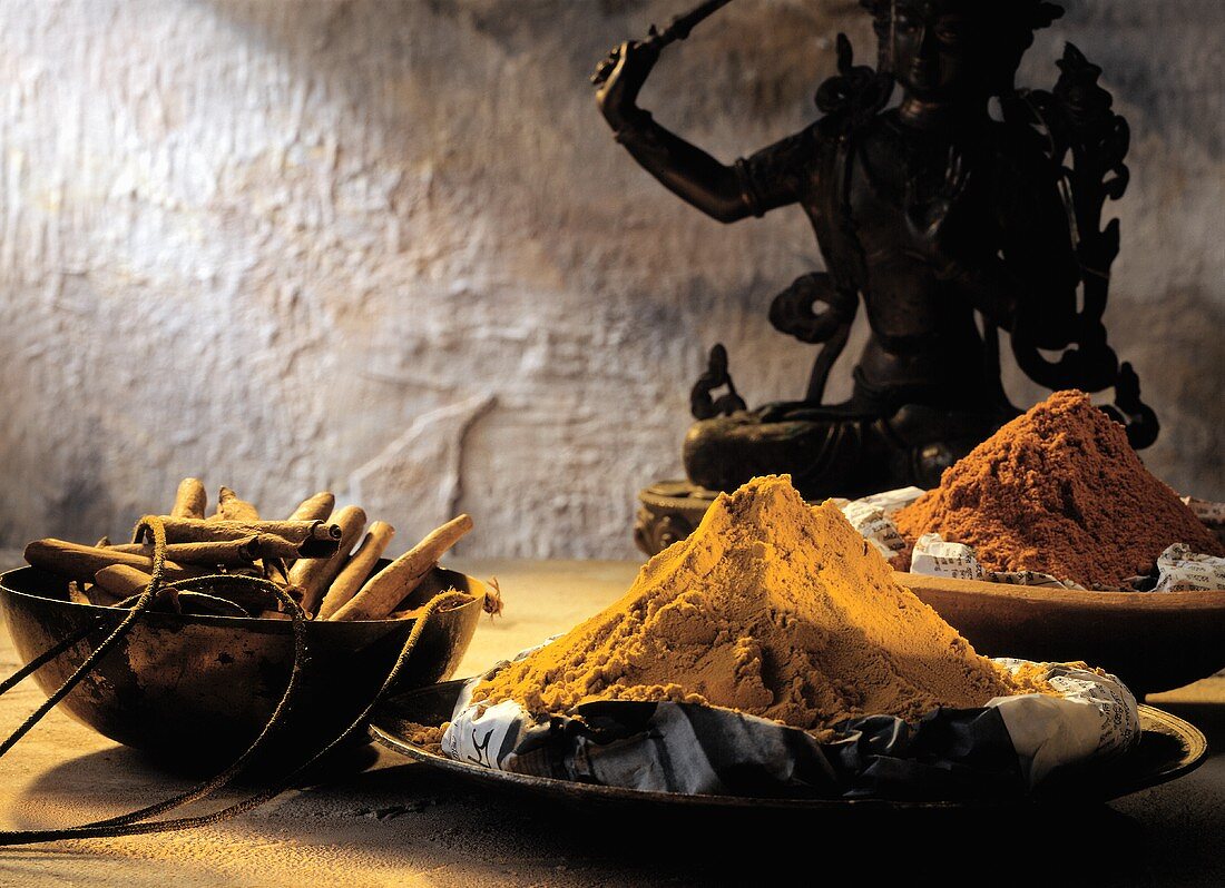 Indian Spices; Chili Powder Turmeric and Cinnamon Sticks