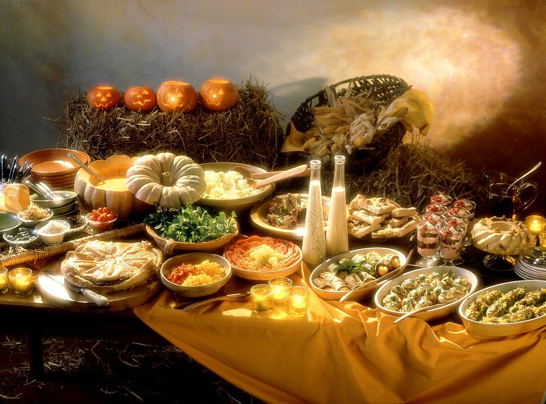 Large Halloween Buffet; Soups Vegetarian Dishes and Desserts