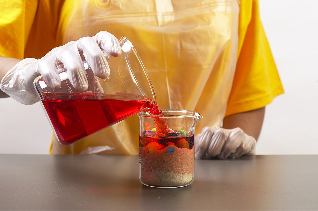 Student Pours Coloured Water into Beaker