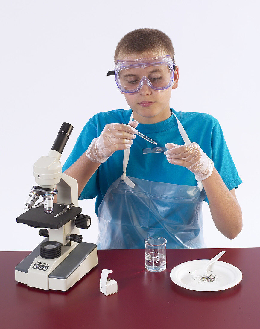 Student Examining with Microscope