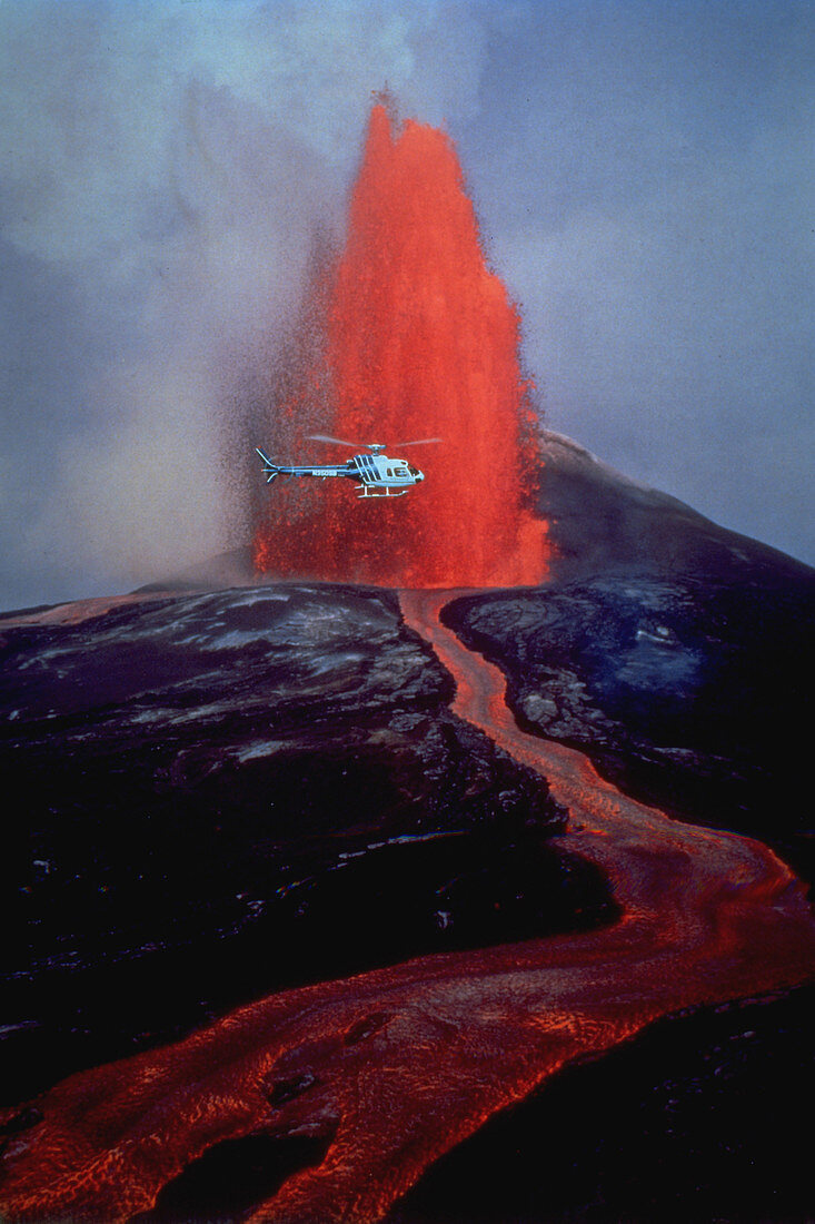 Helicopter and Lava Fountain,Hawaii
